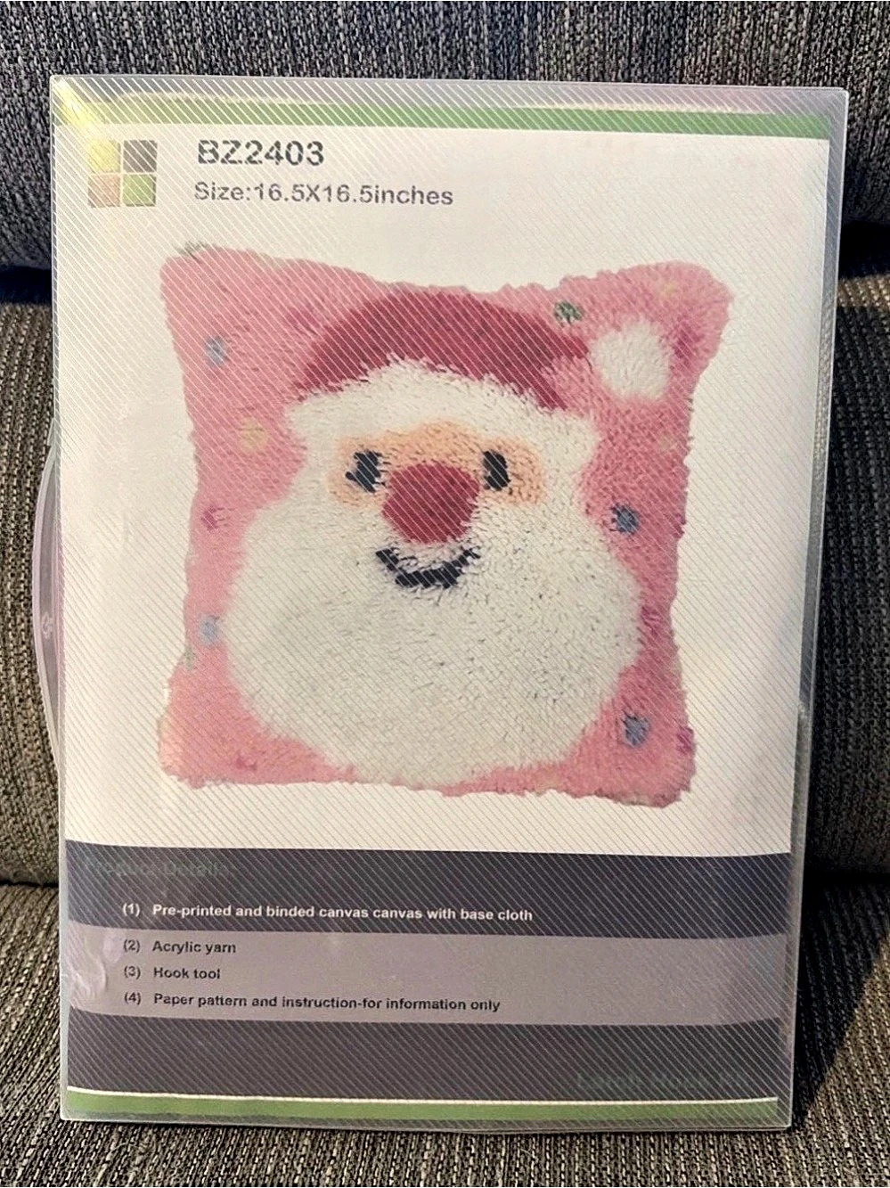 Christmas Santa Pink Background- Latch Hook Kit w/ Tool 16.5x16.5in BZ2403 NWT